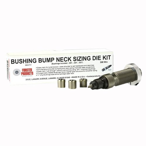 Forster Bushing Bump Neck Die Kit tarjoaa tarkkaa hallintaa patruunoiden kaulustension suhteen, sisältäen hienosti hiotun kuorintakuulan ja kolme valittua bussia.