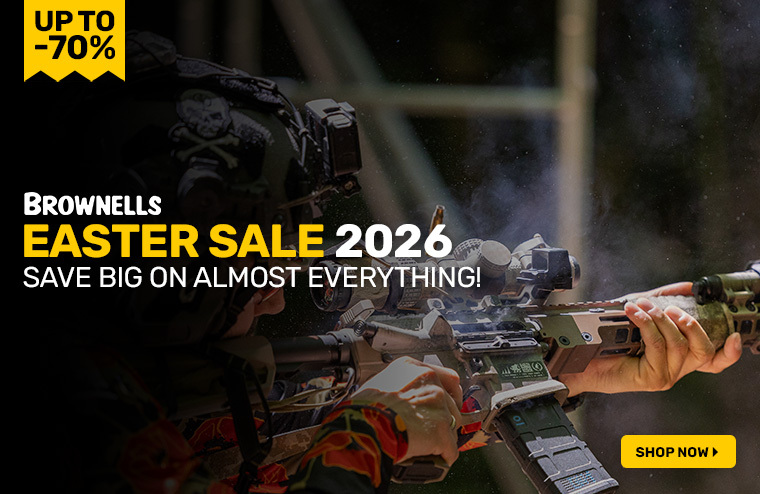 Brownells Easter Sale 2026 banner featuring shooters using an AR-15, highlighting up to 70 percent off and a call to shop now